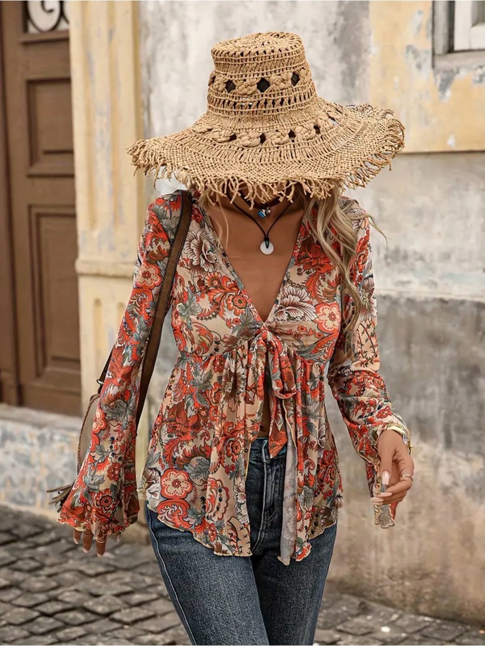 Boho Floral Tie-Front Blouse - Orange Floral